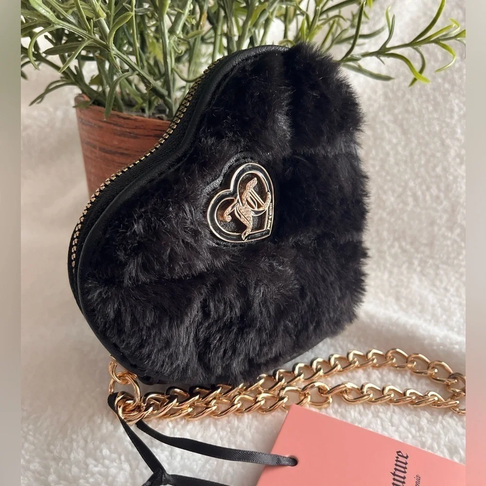 Juicy Couture Let’s Get Cozy Black Faux Fur Heart Wristlet NWT